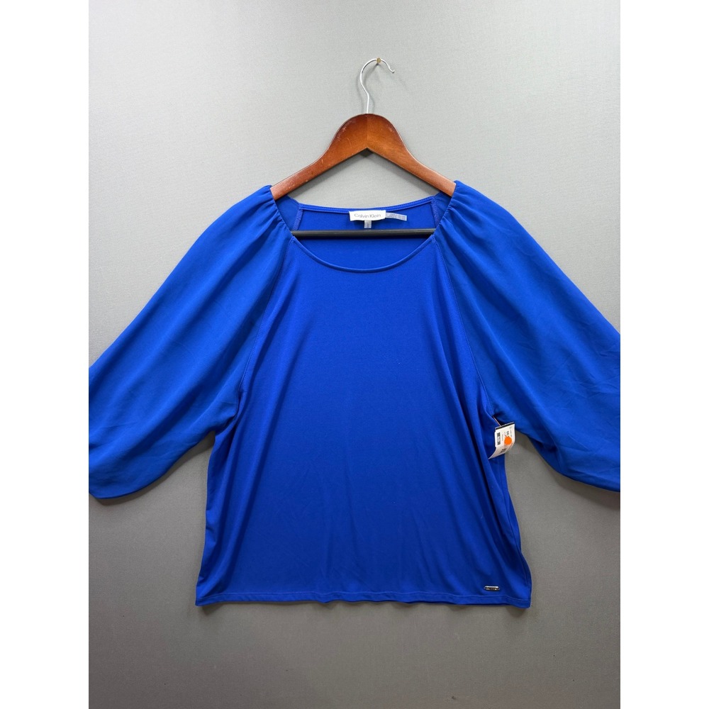 Calvin Klein‎ Puff Sleeve Blouse Womens Blue Scoop Neck Relaxed Top Large